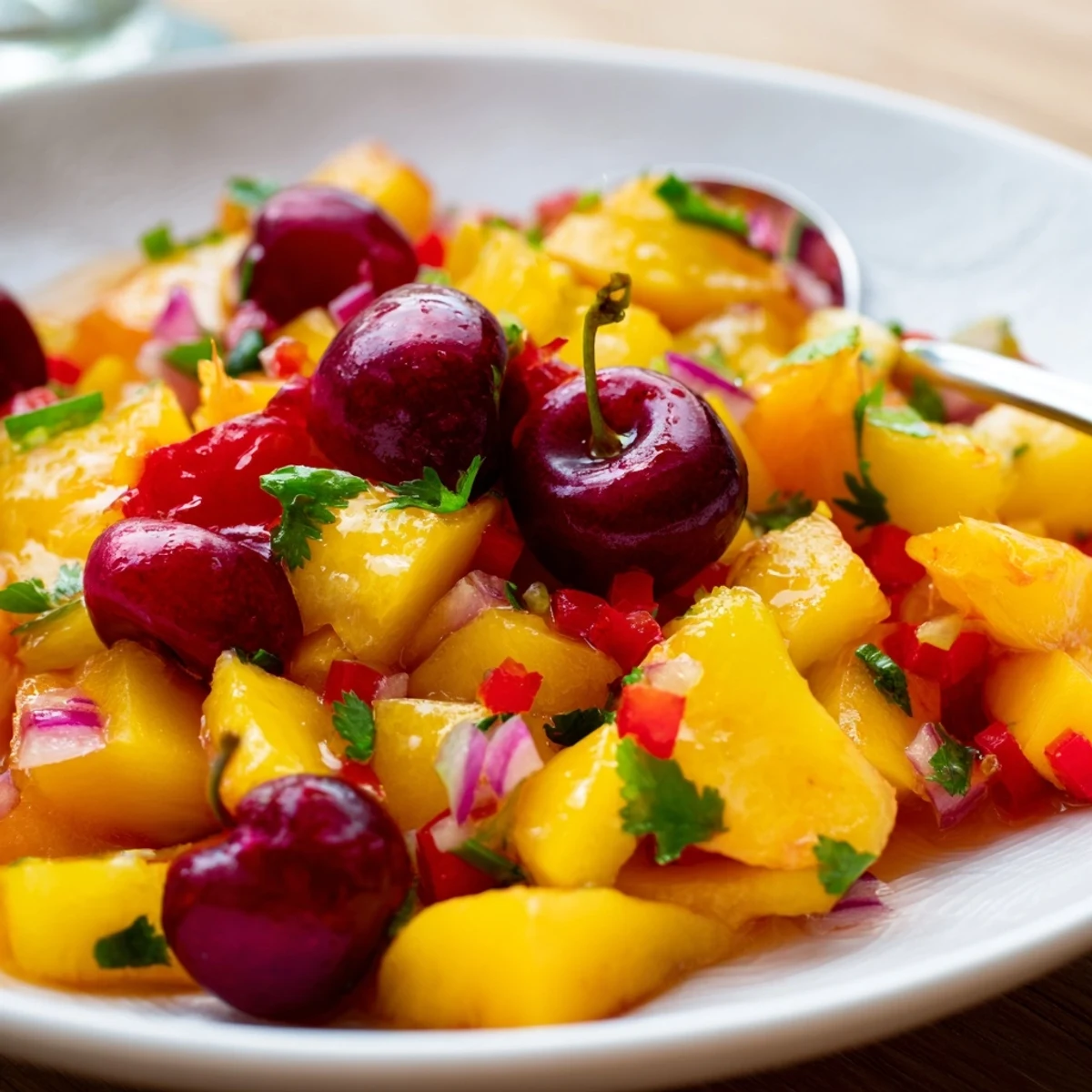 Healthy Peach Cherry Salsa topped with jalapeño and bell pepper, a colorful summer appetizer for grilled fish.