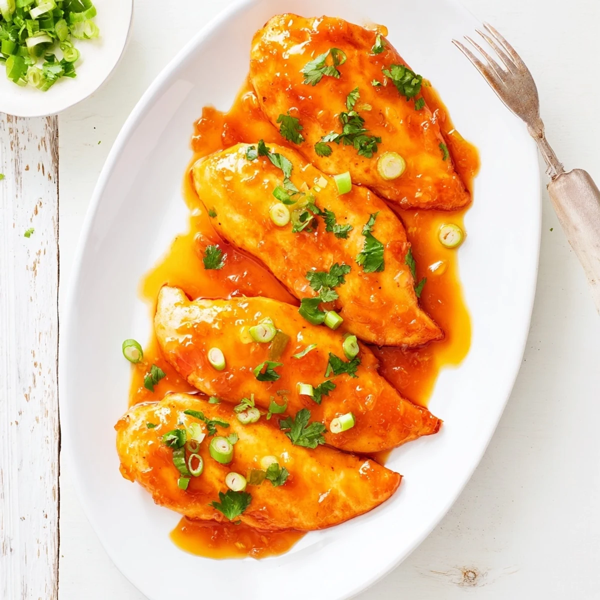 Sizzling Classic Apricot Chicken fresh from the oven, garnished with sliced green onions and ready to serve.