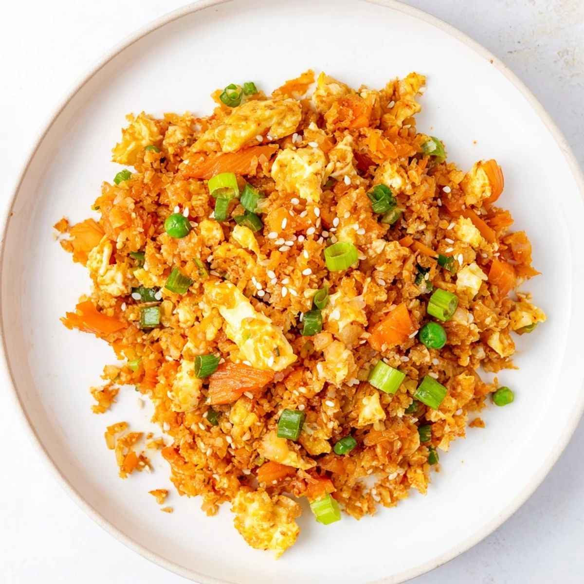 Fluffy scrambled eggs and crunchy carrots mix with spicy kimchi in this vibrant cauliflower fried rice dish.