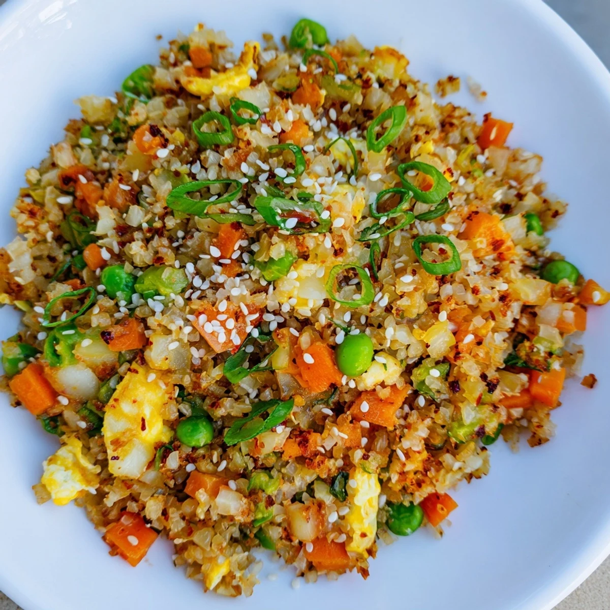 Steamed cauliflower rice meets spicy kimchi and fluffy scrambled eggs in a colorful low-carb skillet meal.