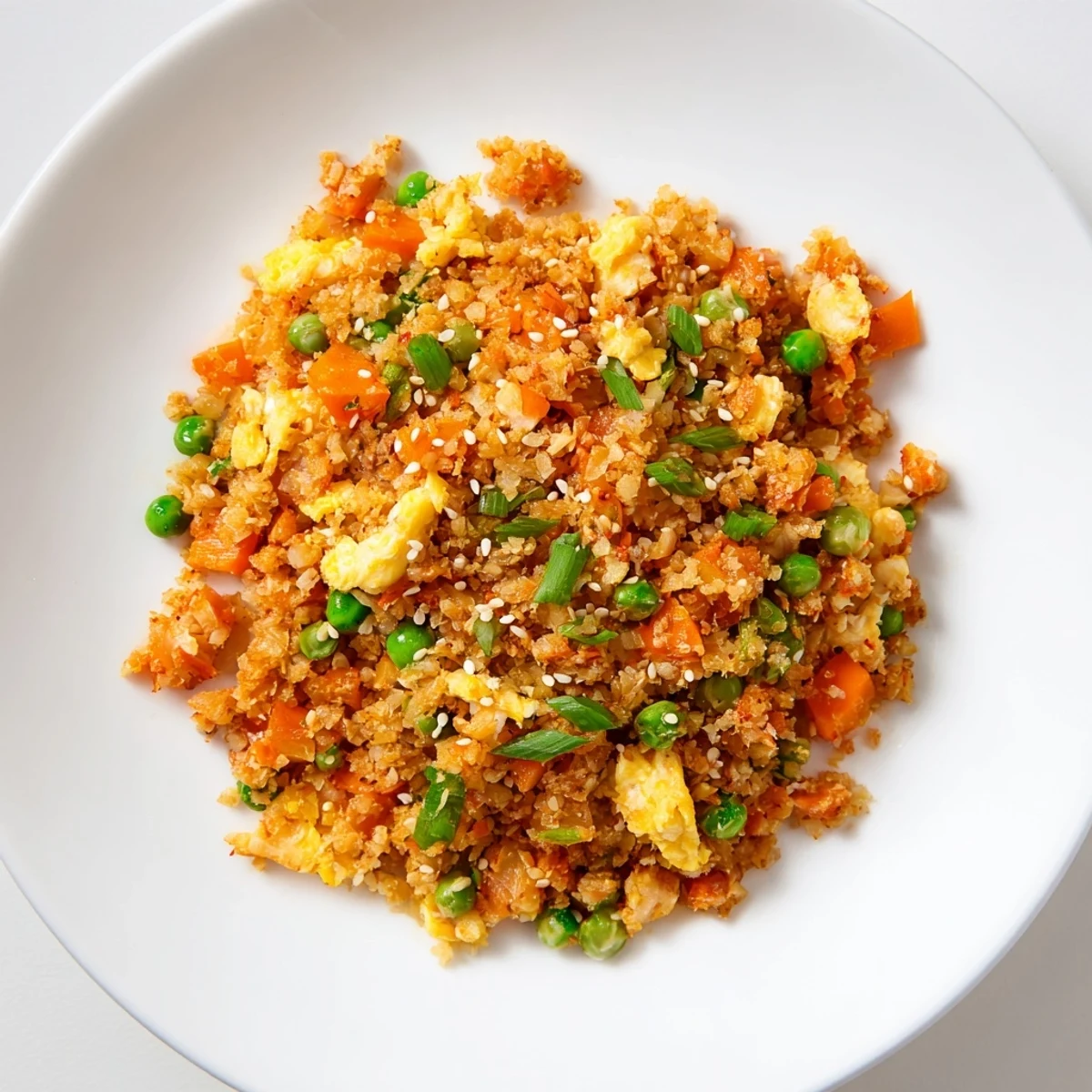 A close-up shows a forkful of bright cauliflower rice with kimchi and golden eggs ready to eat.