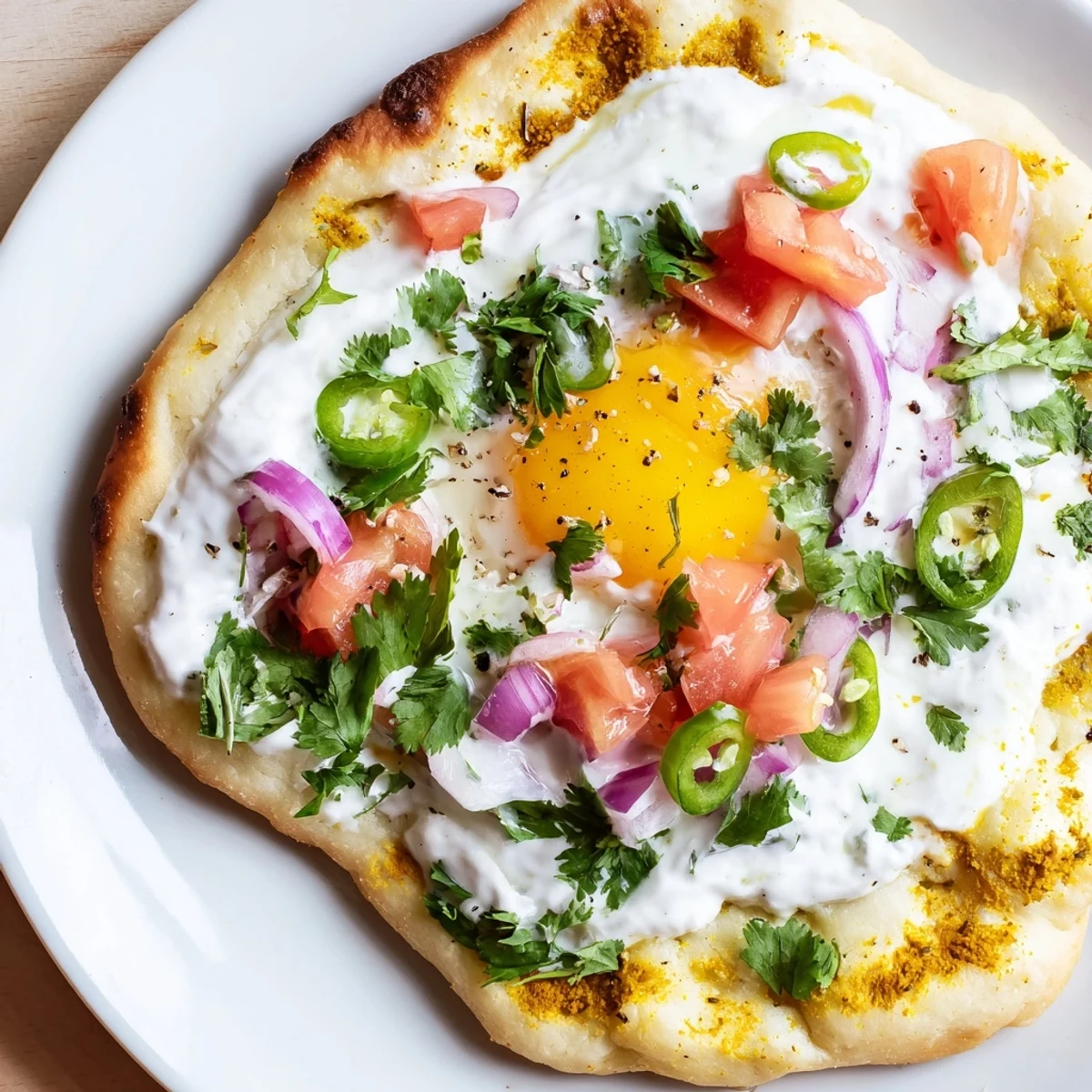 Warm, toasted naan brushed with butter serves as the base for two spiced fried eggs, topped with a vibrant yogurt drizzle and fresh herbs. Curried Fried Egg Open Naan.