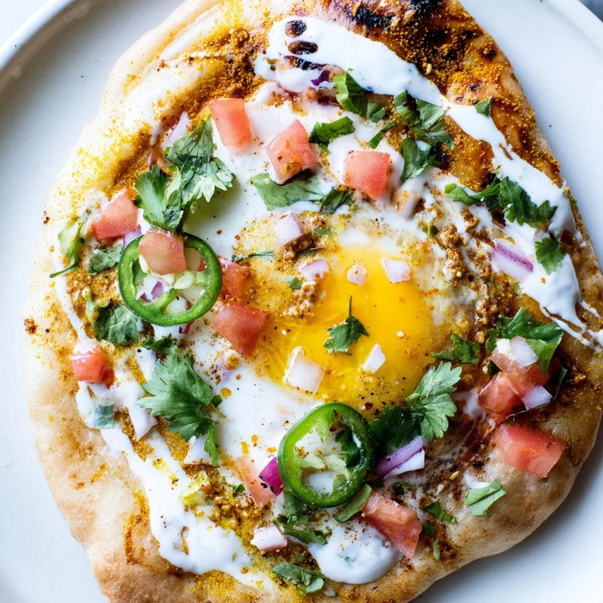 A close-up view of a colorful Curried Fried Egg Open Naan breakfast dish, featuring runny-yolk eggs, warm spices, and a cooling yogurt drizzle on toasted flatbread. Curried Fried Egg Open Naan.