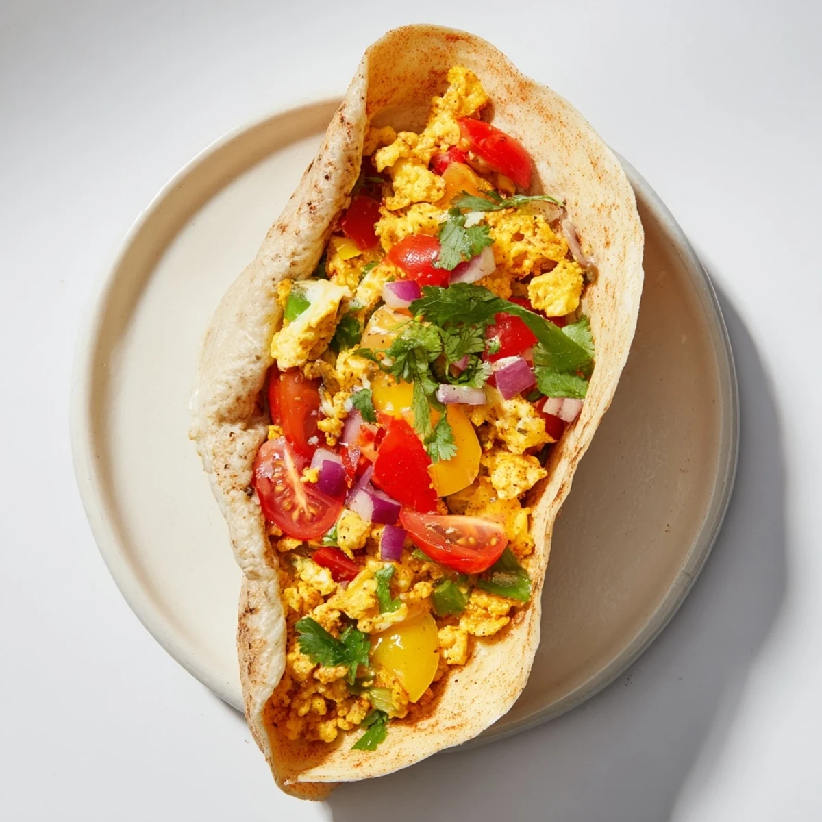 Fluffy scrambled eggs, sautéed peppers, and melted cheddar cheese are tightly wrapped in a warm flour tortilla pocket for a Tex Mex Egg Tortilla Pockets breakfast.