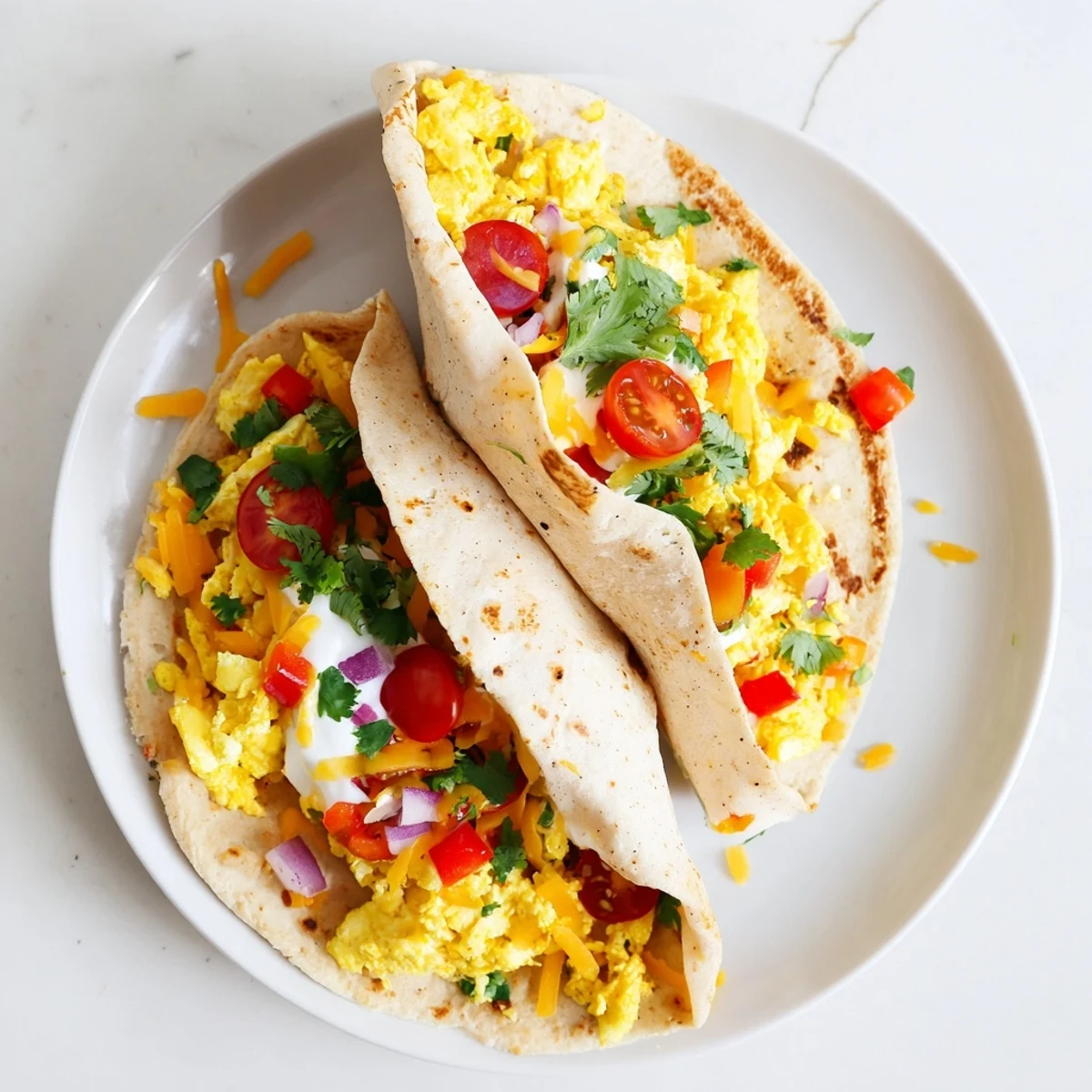 A close-up view of a golden, toasted Tex Mex Egg Tortilla Pockets revealing fluffy eggs, black beans, and cilantro nestled inside the soft, folded tortilla.