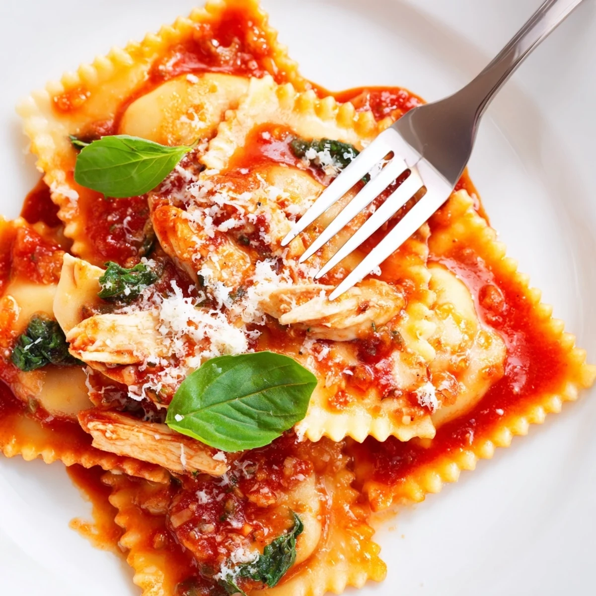Steam rises from plump Chicken and Mushroom Ravioli with Simple Tomato Sauce on a rustic plate.