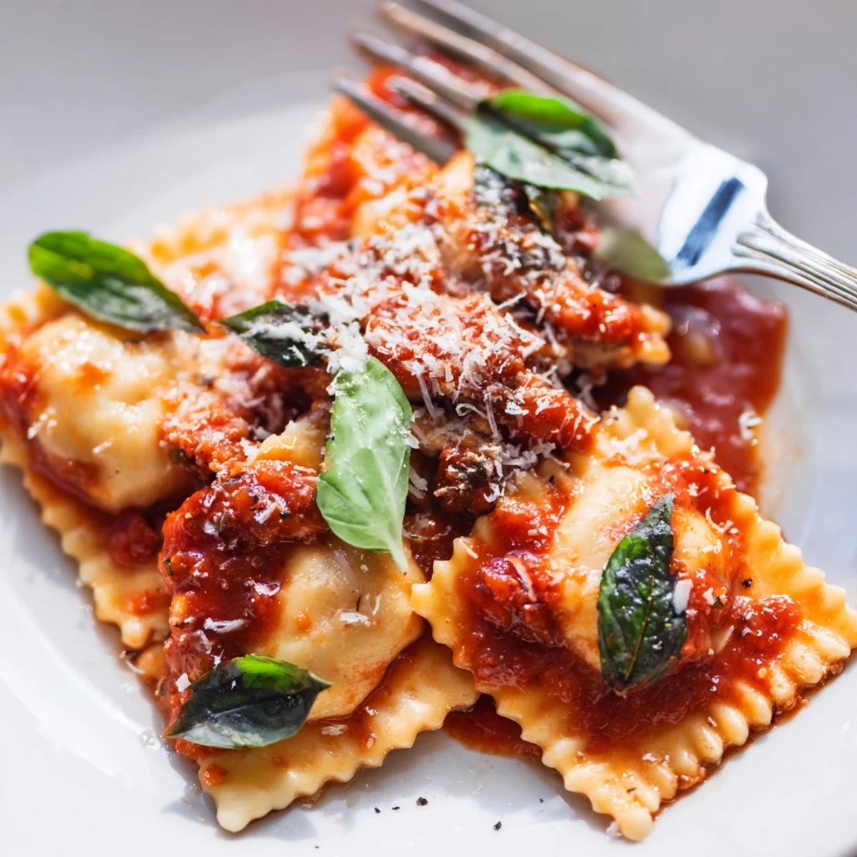 Golden-brown ravioli with chicken and mushrooms sit in a pool of vibrant red tomato sauce.