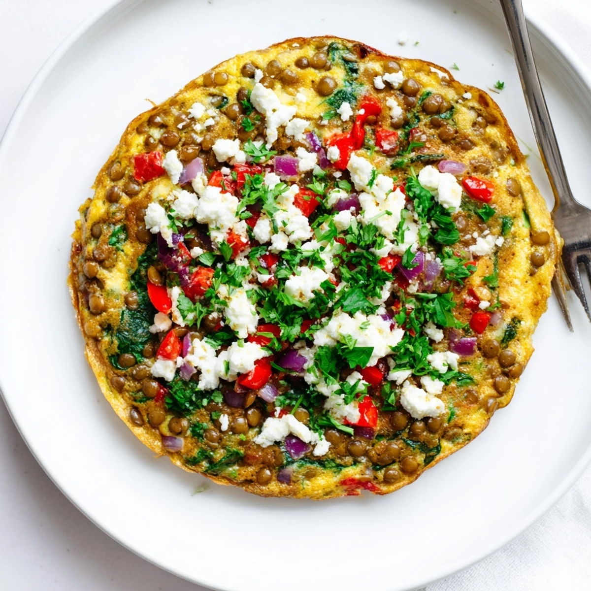 This hearty Mediterranean frittata with lentils and feta sits warm on a rustic wooden serving board.