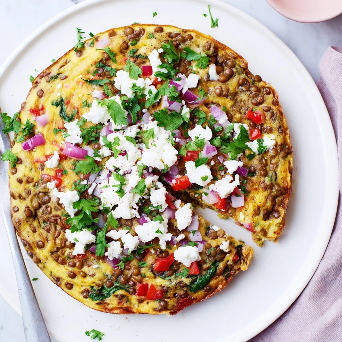 A close-up of Healthy Lentil and Feta Frittata reveals creamy feta crumbles and tender lentils inside.