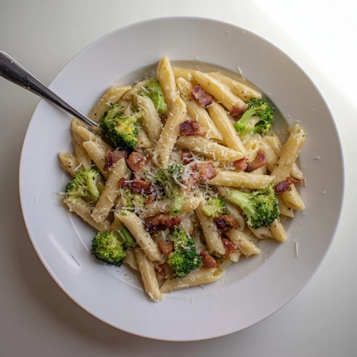 Savory Bacon Broccoli and Parmesan Pasta served hot, garnished with extra cheese and a light dusting of pepper.