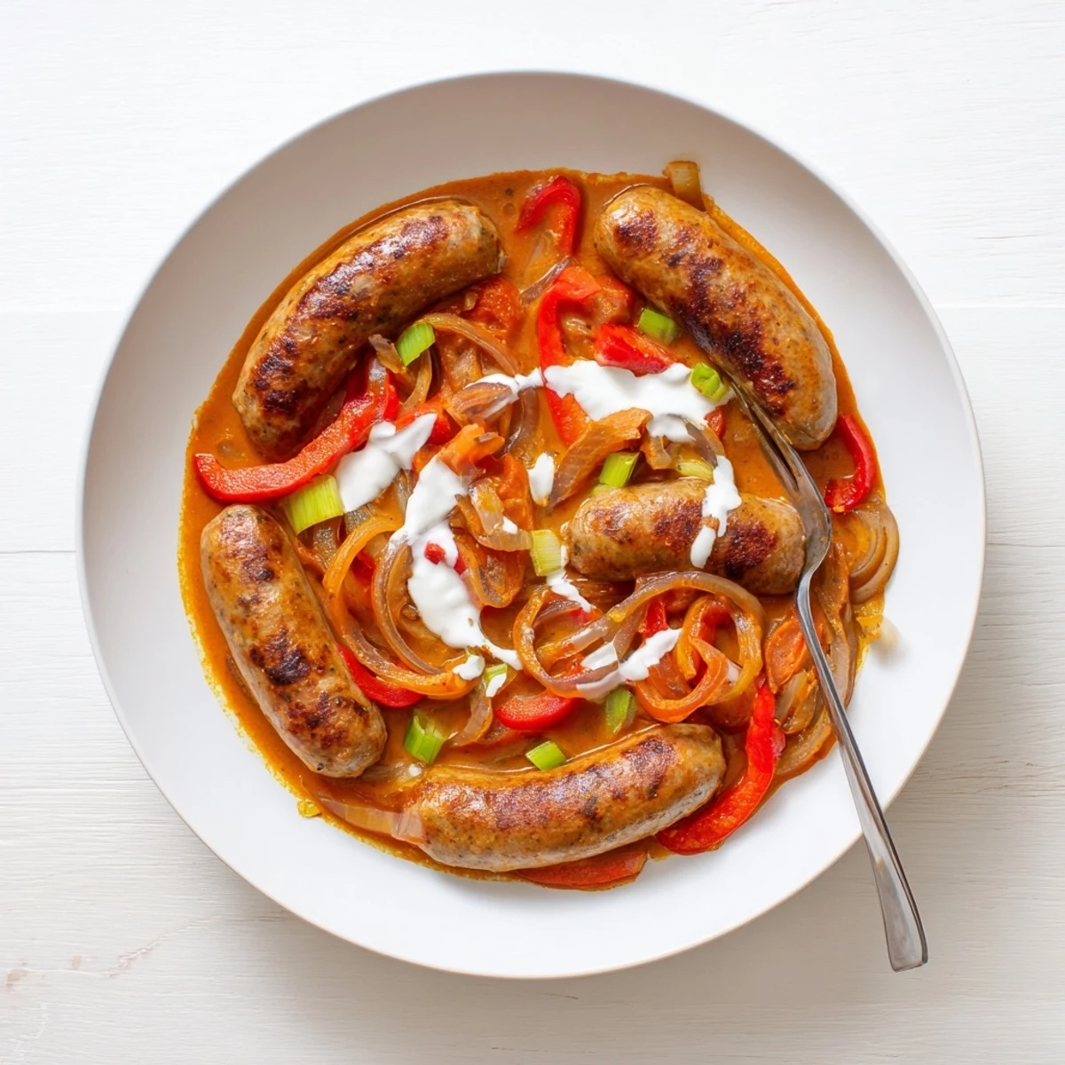 Sweet and Savoury Sausage Curry served steaming hot in a white bowl over fluffy basmati rice, garnished with fresh cilantro.