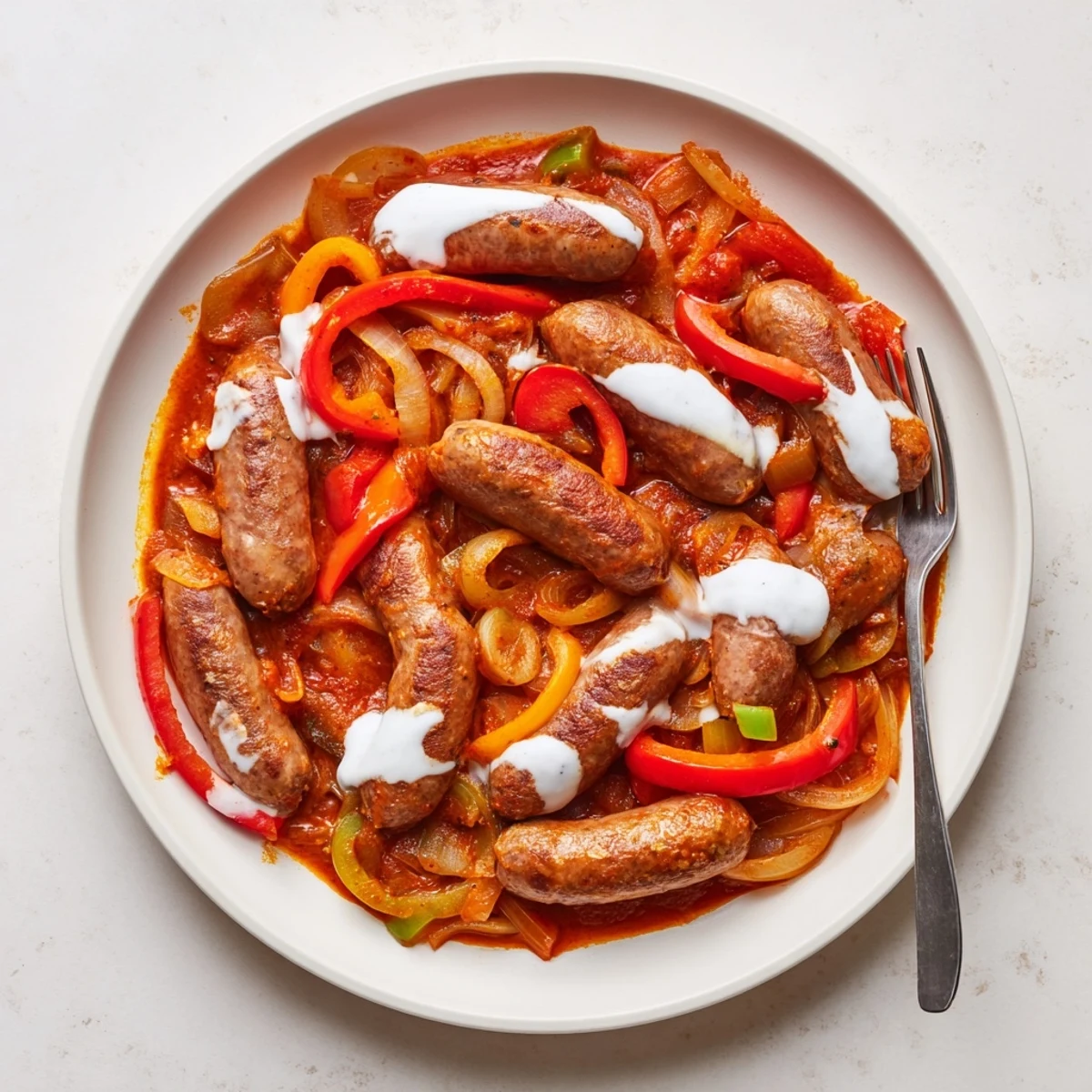 A close-up of Sweet and Savoury Sausage Curry topped with a swirl of creamy yogurt, highlighting the rich, glossy sauce.