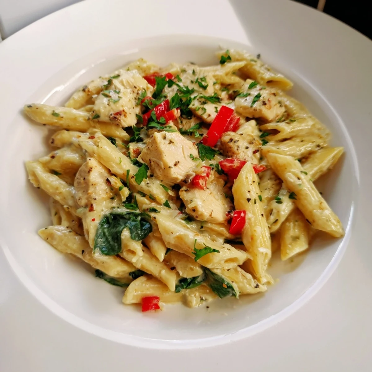 Creamy chicken pasta with tender chicken pieces, red bell peppers, and wilted spinach in a rich sauce.