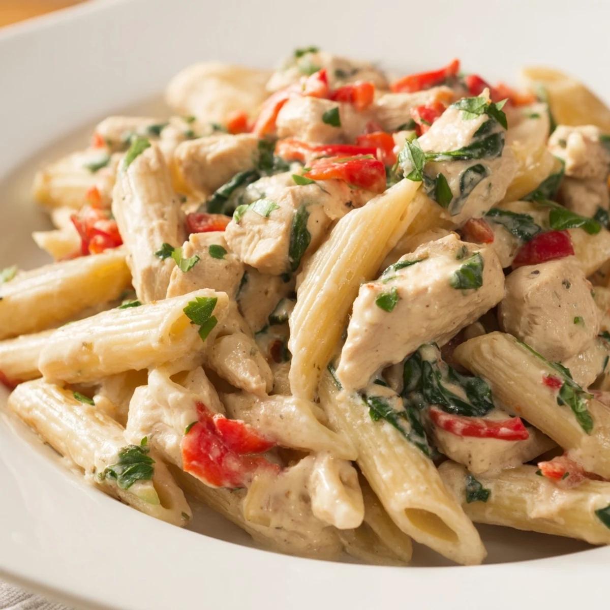One pan creamy chicken pasta served steaming hot with fresh parsley and grated Parmesan on top.