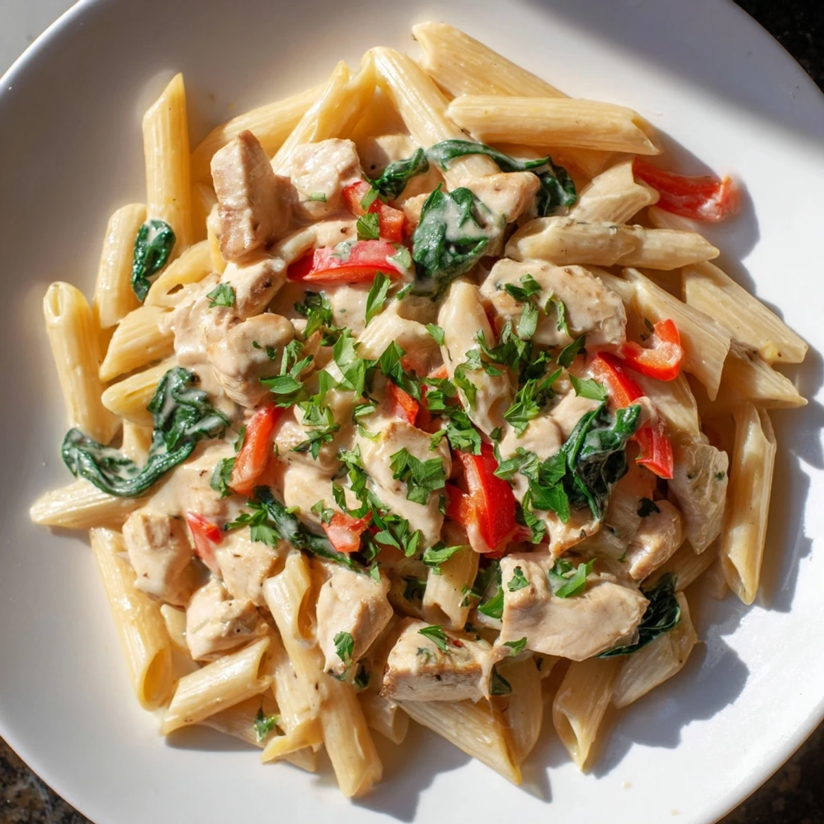Skillet creamy chicken pasta with golden chicken, sautéed onions, and penne coated in a velvety white sauce.