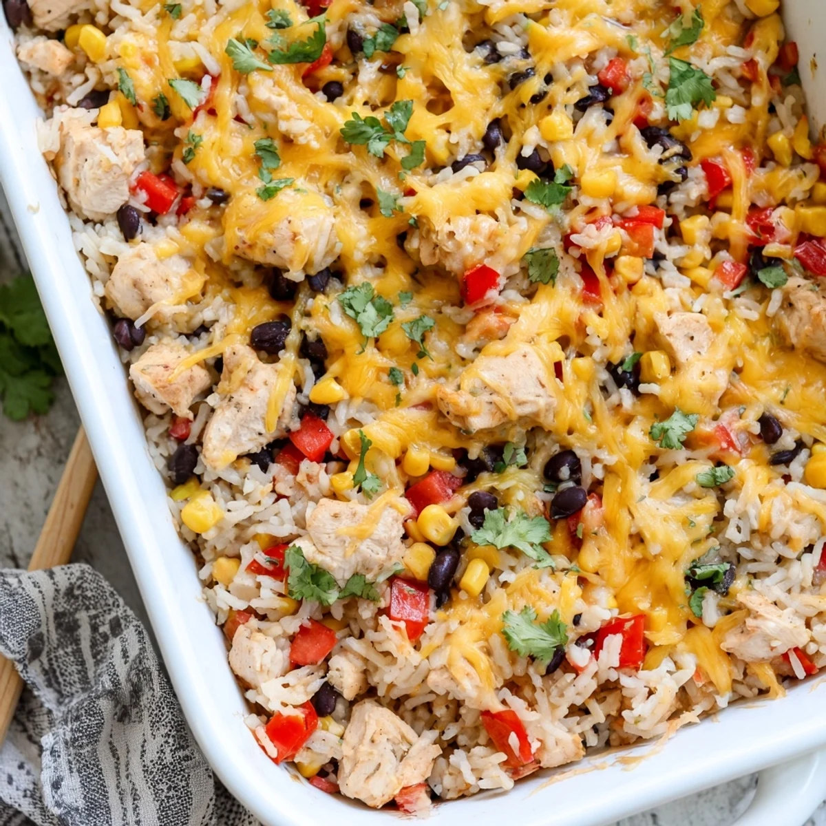 A freshly baked Mexican Chicken and Rice Bake is served in a dish, garnished with cilantro and accompanied by lime wedges.