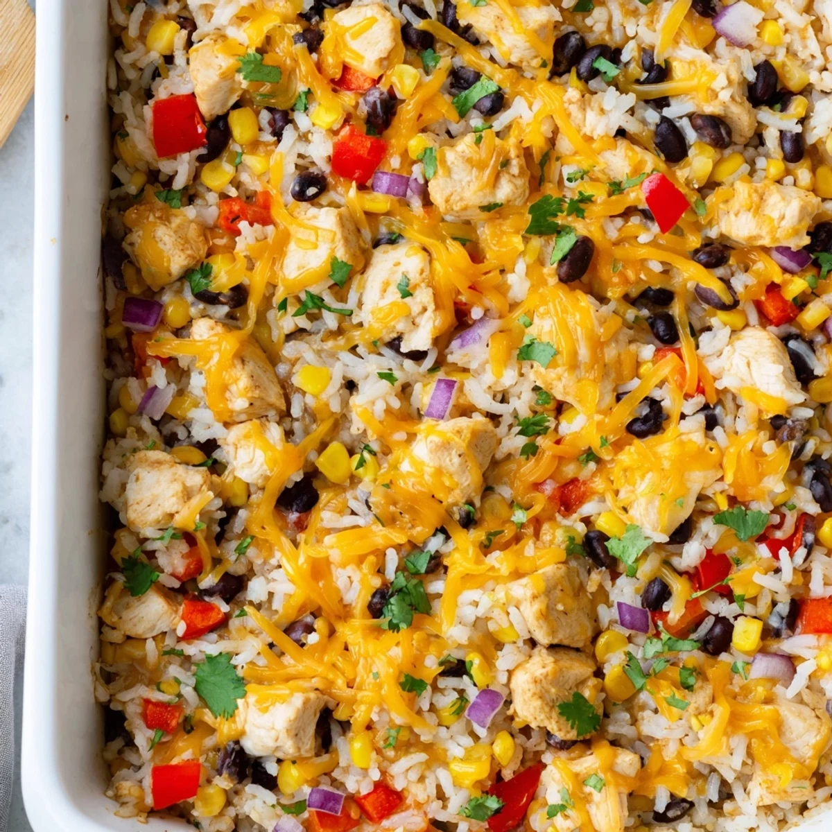 The baked casserole shows tender chicken pieces and fluffy rice peeking through a golden brown cheese layer, with jalapeños on top.