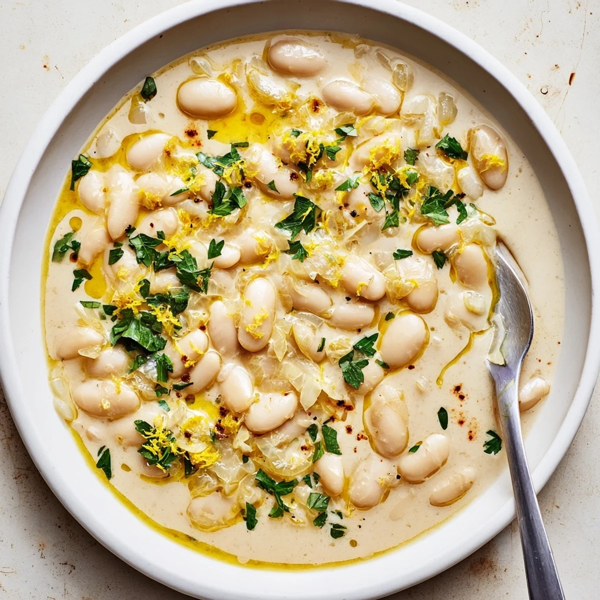 Steaming bowl of Miso Butter Brothy Beans, creamy beans in savory broth topped with fresh parsley and lemon zest.