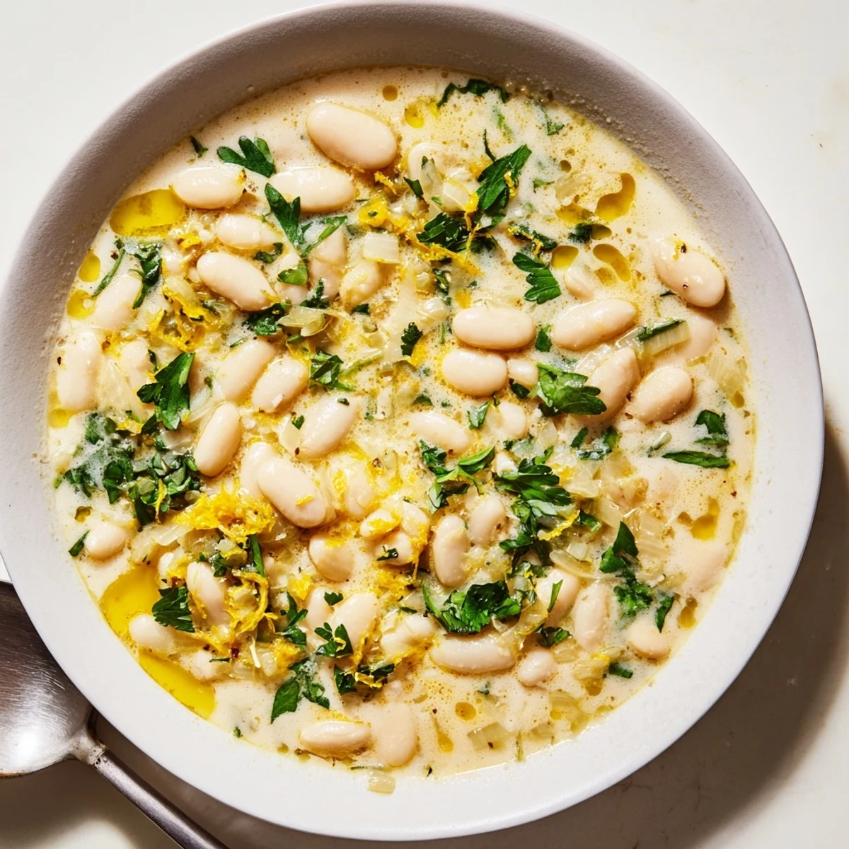 Culinary shot of Miso Butter Brothy Beans served in a rustic bowl, garnished with herbs beside a slice of crusty bread.