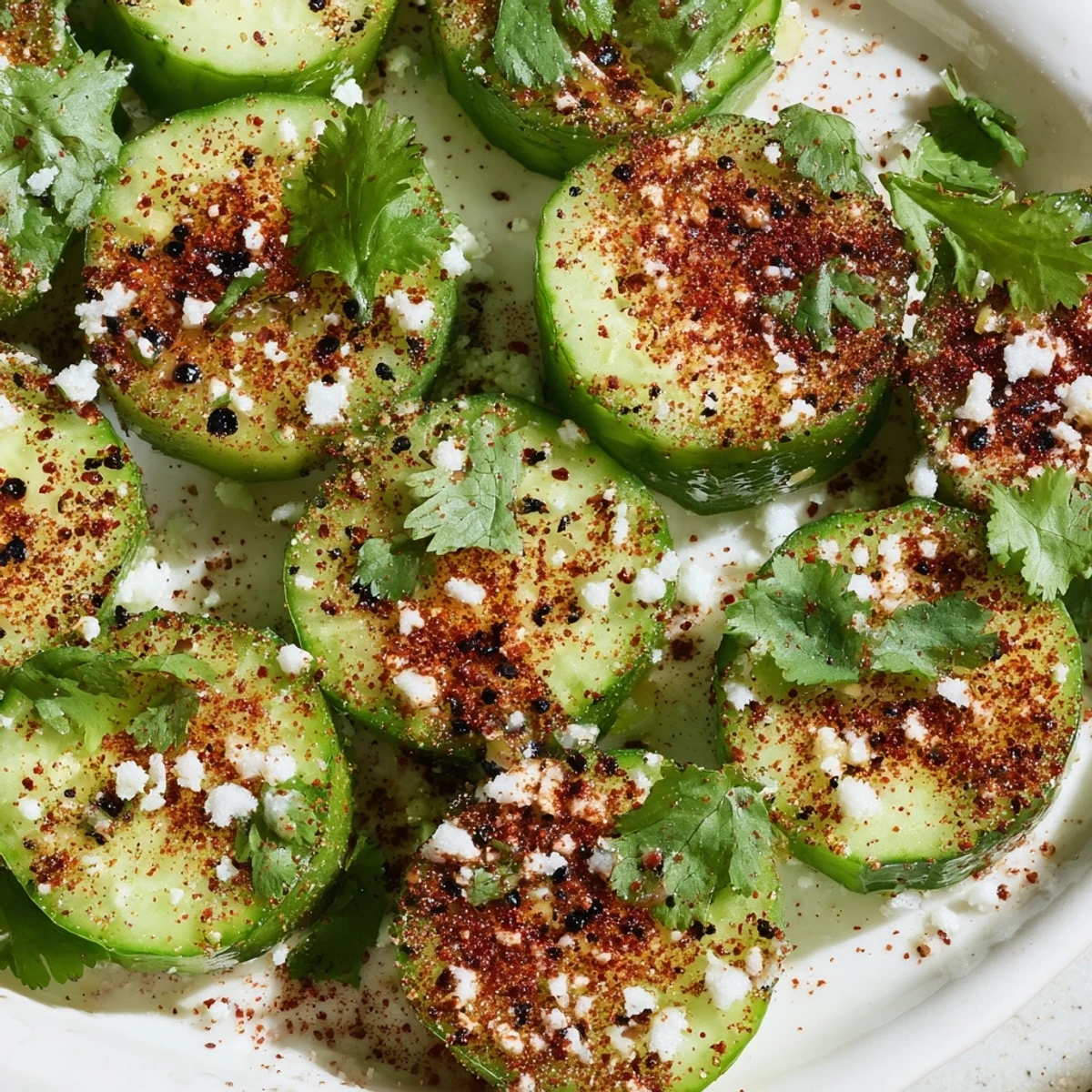 Mexican Style Cucumbers sprinkled with chili-lime seasoning, cilantro, and a wedge for squeezing.