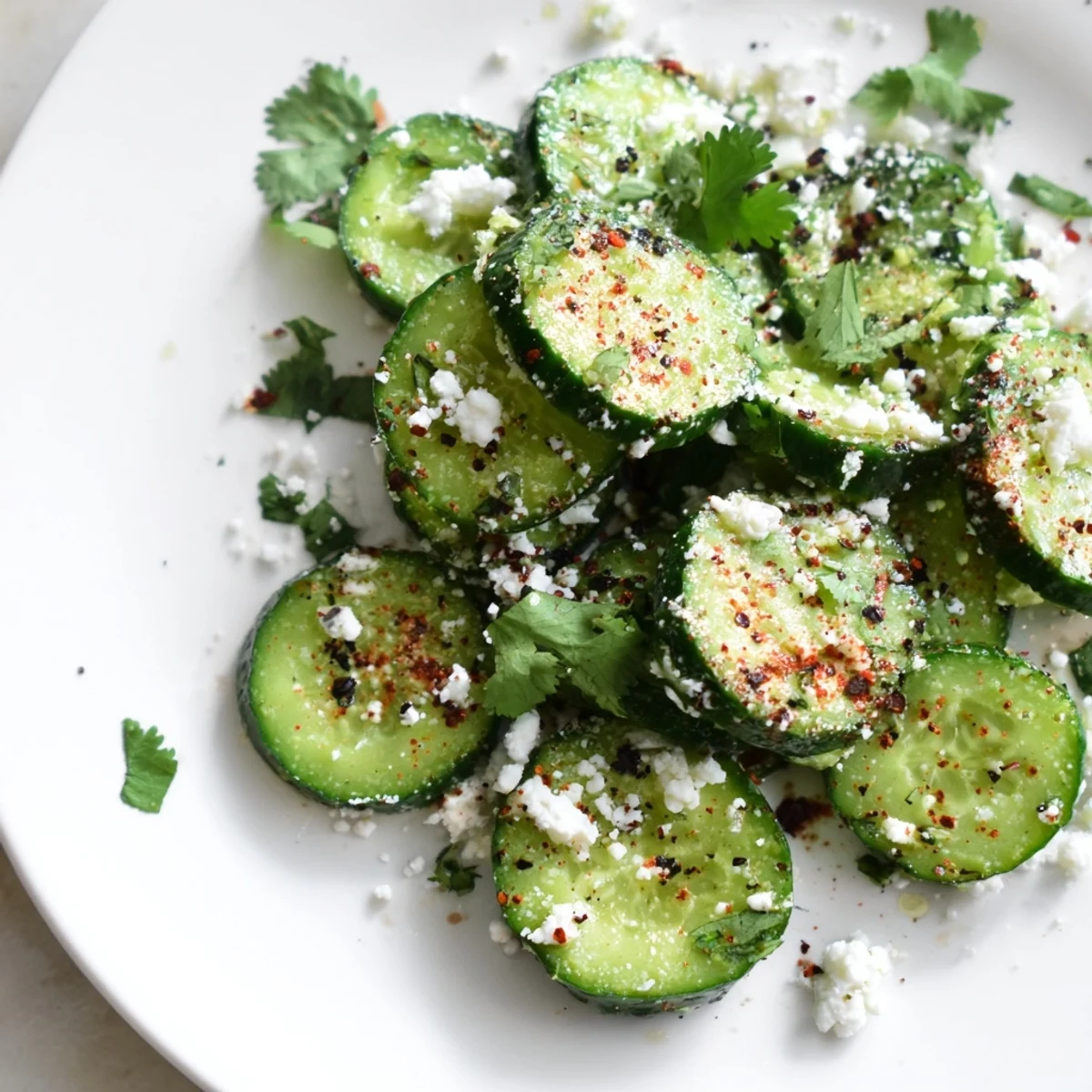 Close-up of Mexican Style Cucumbers, tangy and refreshing, garnished with cilantro for summer snacking.