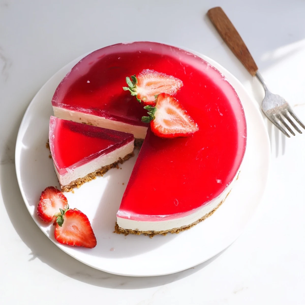 Creamy no bake Greek yogurt jello cheesecake with a graham cracker crust and bright berry garnish on a dessert plate.
