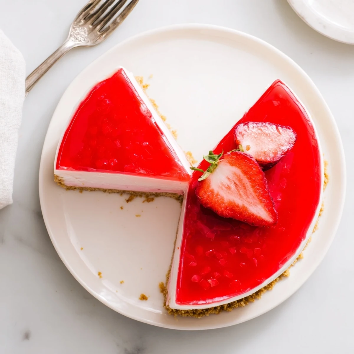 Homemade no bake Greek yogurt jello cheesecake with smooth texture, springform pan, and fresh fruit topping, ready to slice.