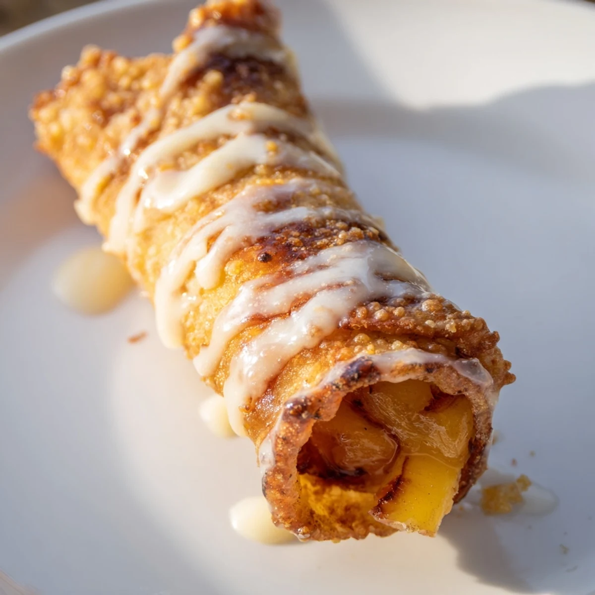 A close-up of Peach Cobbler Egg Rolls, warm spices visible, served beside a scoop of vanilla ice cream.