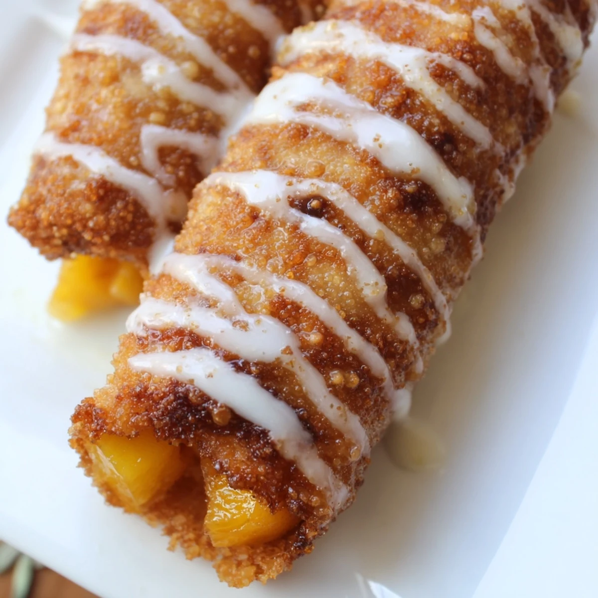Stacked Peach Cobbler Egg Rolls on a wooden board, golden wrappers shining with sweet peach filling peeking through.