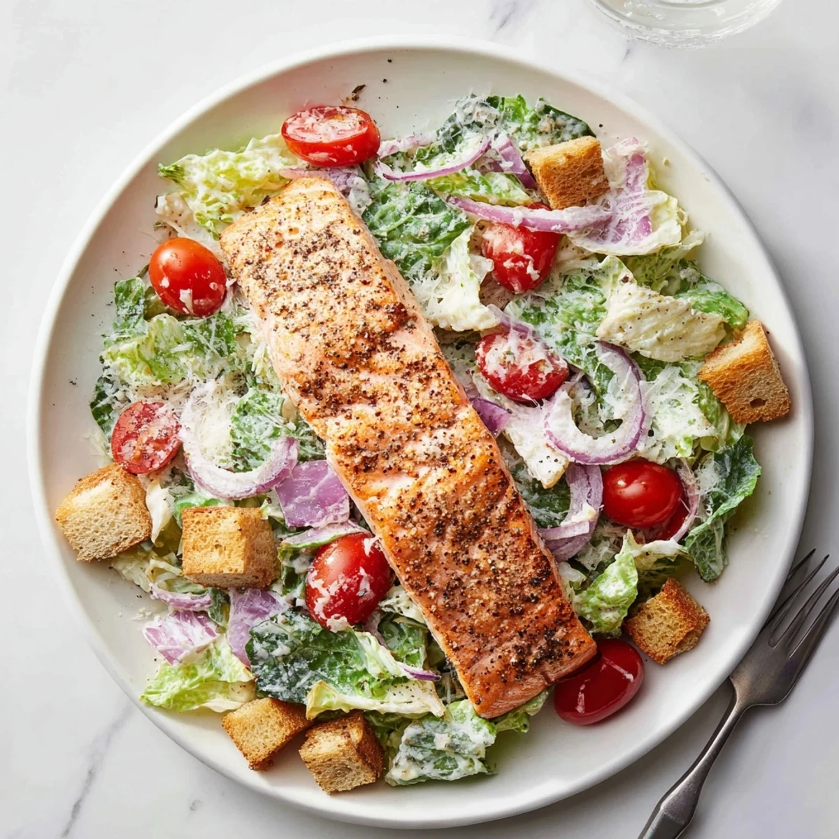 A vibrant Salmon Caesar Salad with grilled salmon, crisp romaine, and creamy dressing on a white plate.