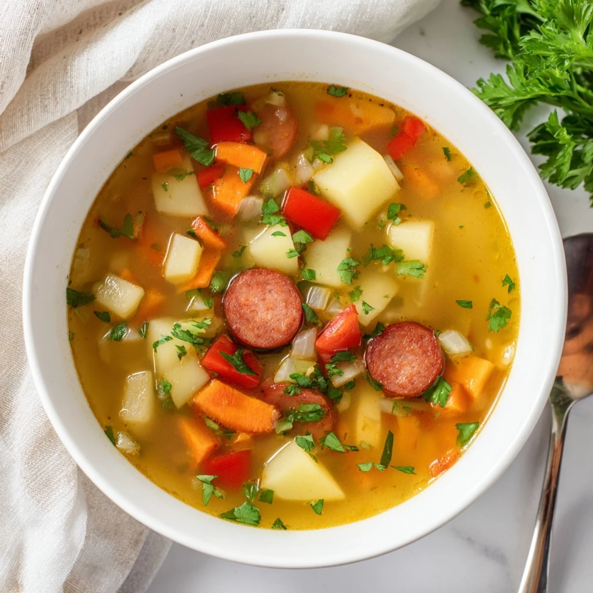 A comforting bowl of Spanish Potato Soup with Chorizo, featuring tender potatoes and smoky red sausage topped with fresh parsley.