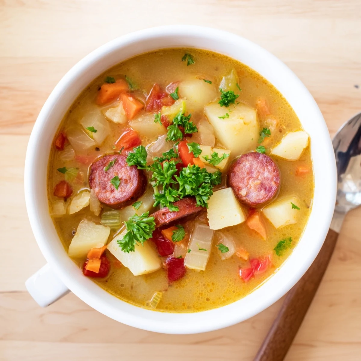 Spanish Potato Soup with Chorizo served in rustic bowls, garnished with crispy chorizo slices and perfect for dipping crusty bread.