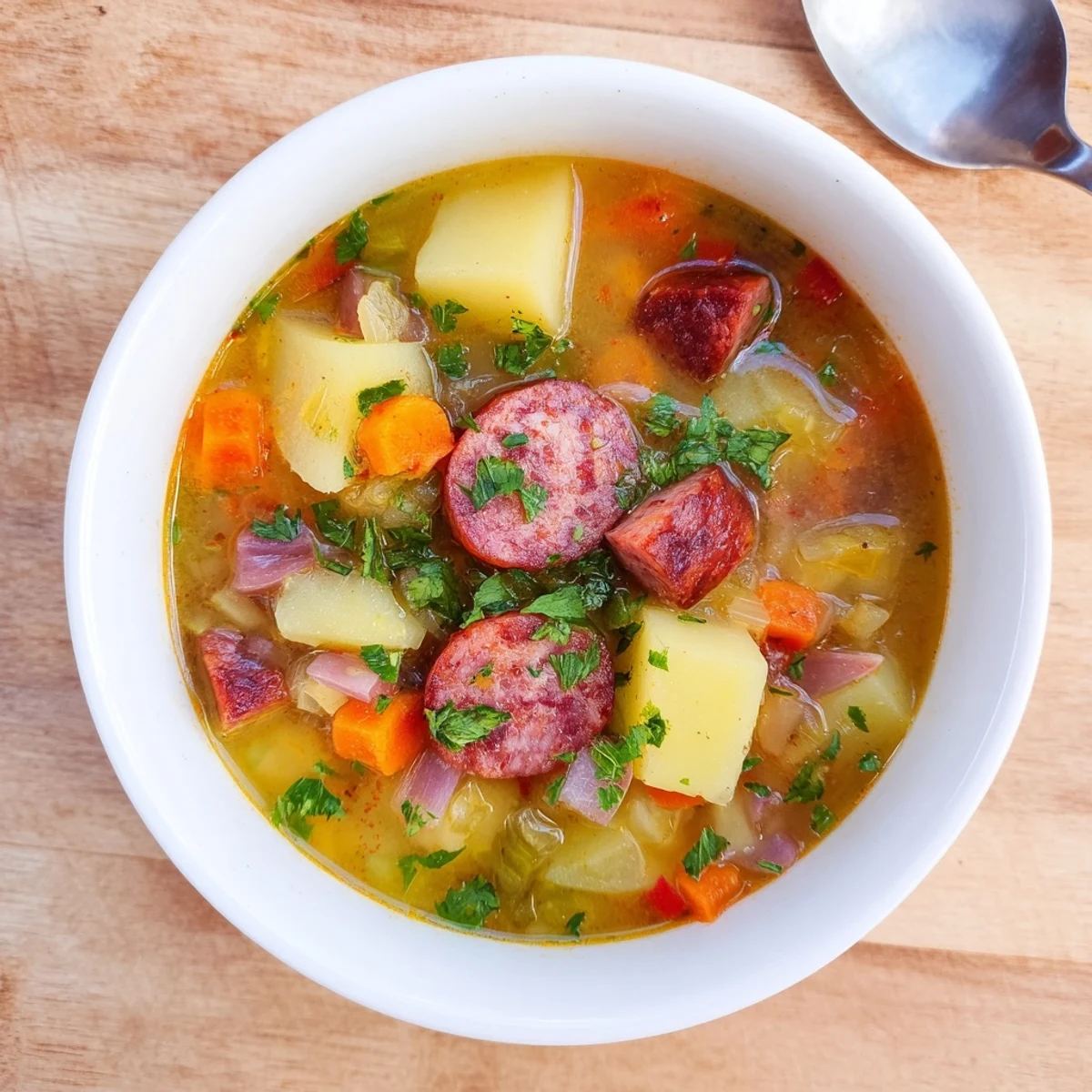 Spanish Potato Soup with Chorizo simmering in a pot, with chunks of potatoes and vegetables in a rich, aromatic broth.