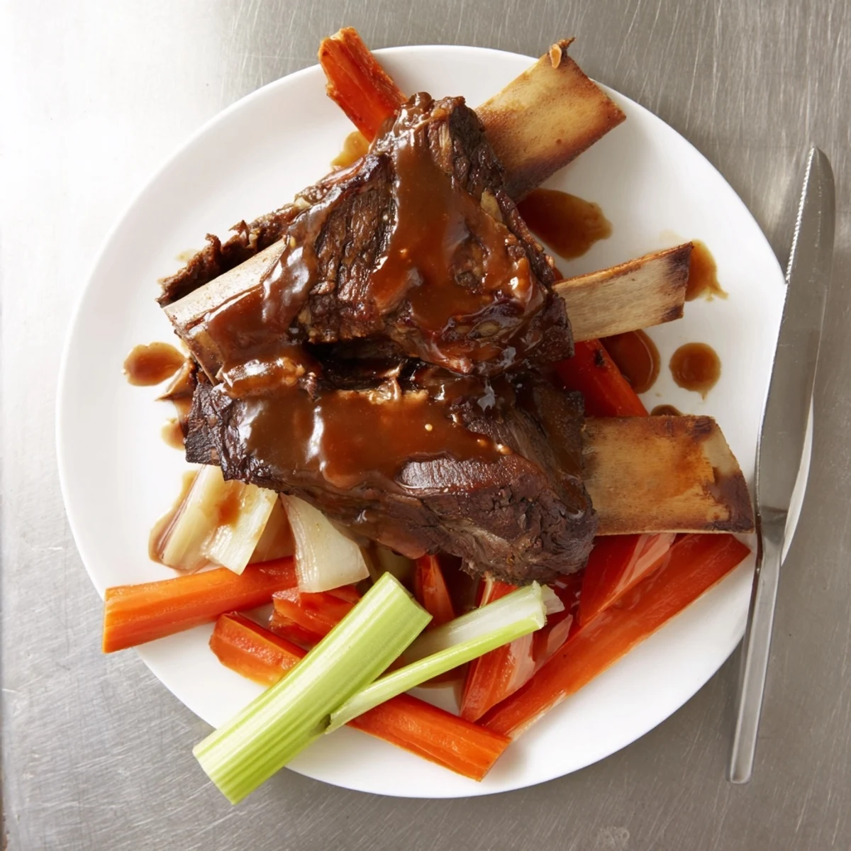 Tender Maple Bourbon Glazed Short Ribs served over creamy mashed potatoes with fresh herbs.