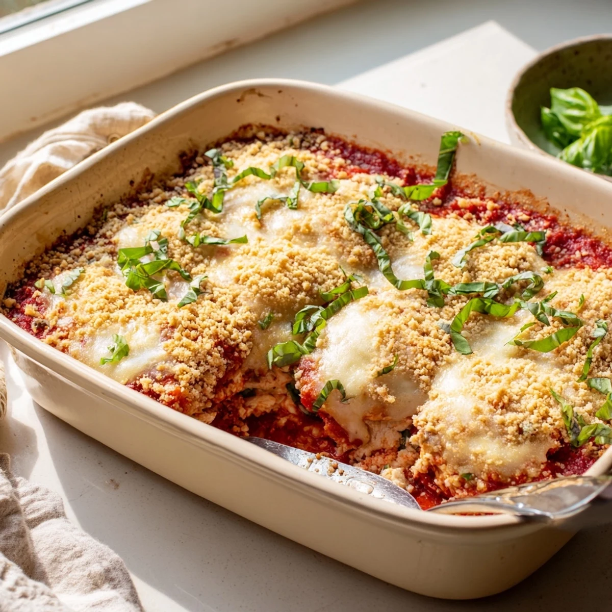 Golden, bubbly Keto Chicken Parmesan Casserole with melted mozzarella and fresh basil garnish