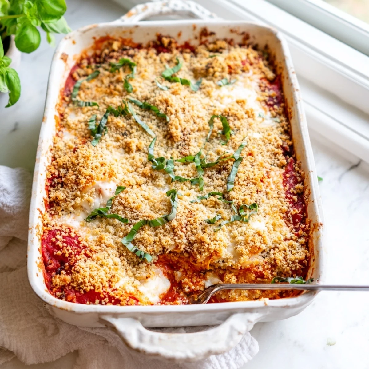 Layered Keto Chicken Parmesan Casserole served hot with a side of crisp green salad