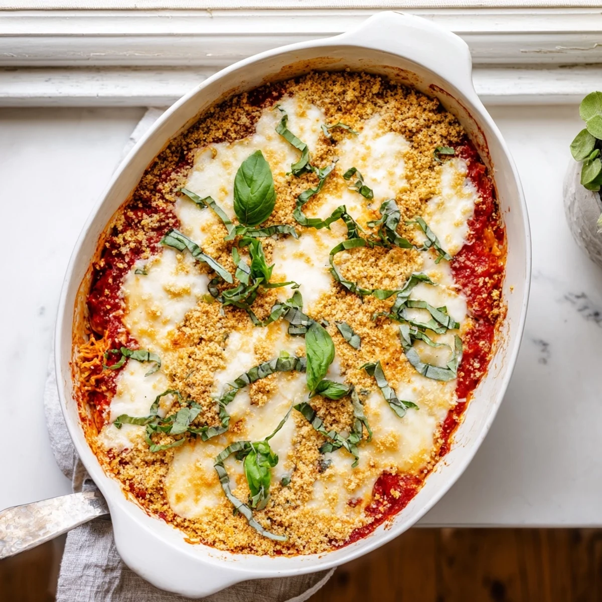 Sizzling Keto Chicken Parmesan Casserole fresh from the oven with a golden, crunchy topping