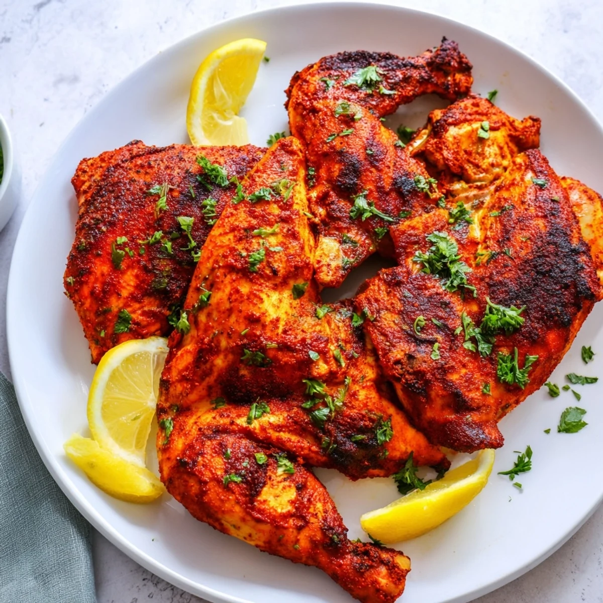 Grilled Peri Peri Chicken Portuguese Style with charred skin and lemon wedges on a platter.