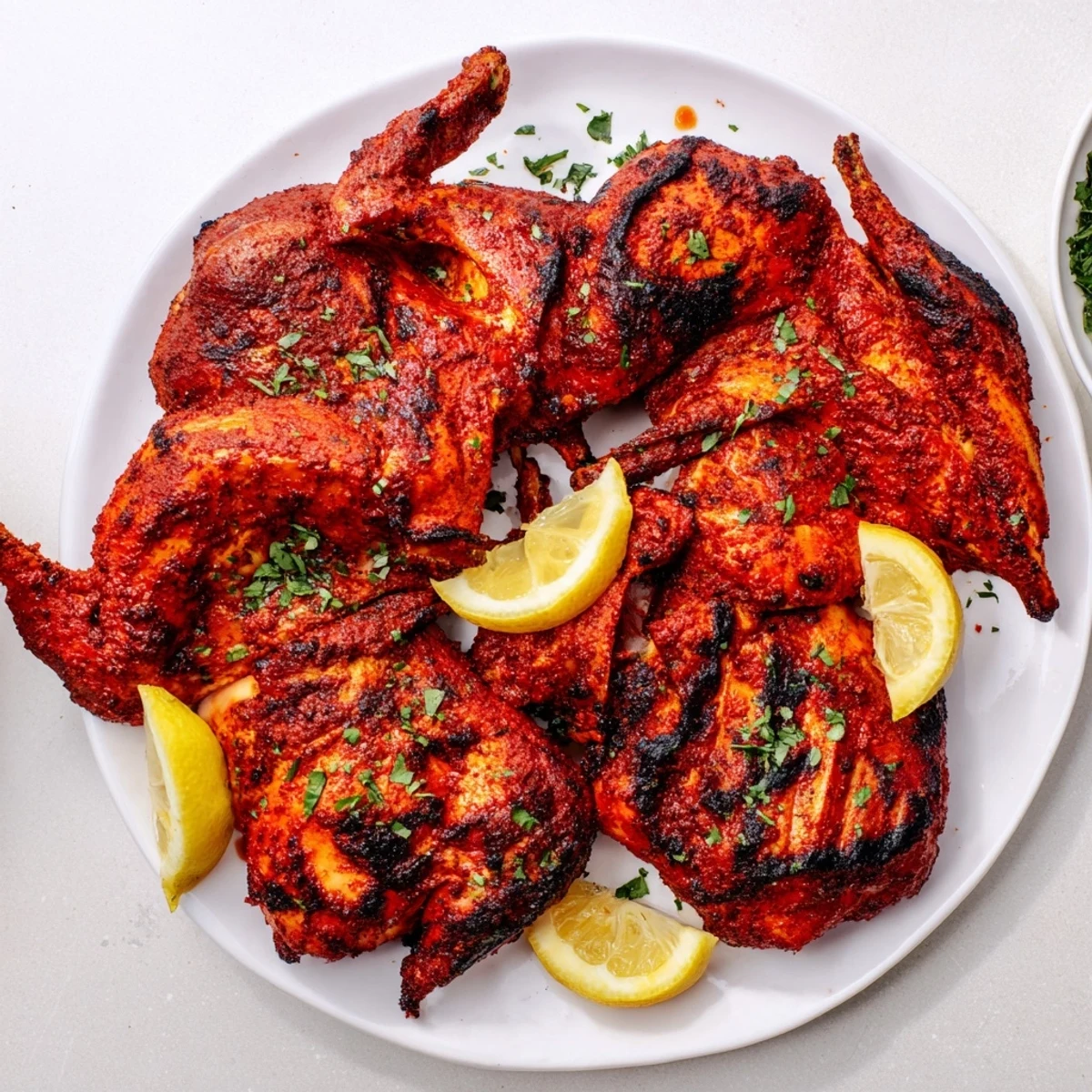 Peri Peri Chicken Portuguese Style served with parsley garnish and zesty lemon wedges for dinner.
