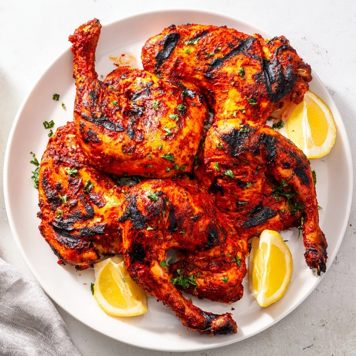 Crispy Peri Peri Chicken Portuguese Style fresh from the grill, smoky aroma on a summer barbecue plate.