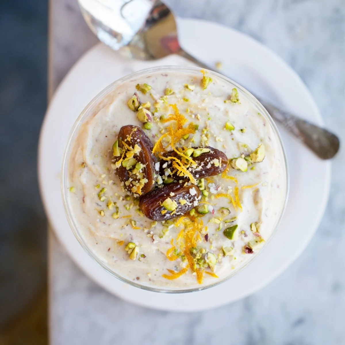 Creamy Lebanese date orange blossom mousse topped with crushed pistachios and fresh orange zest