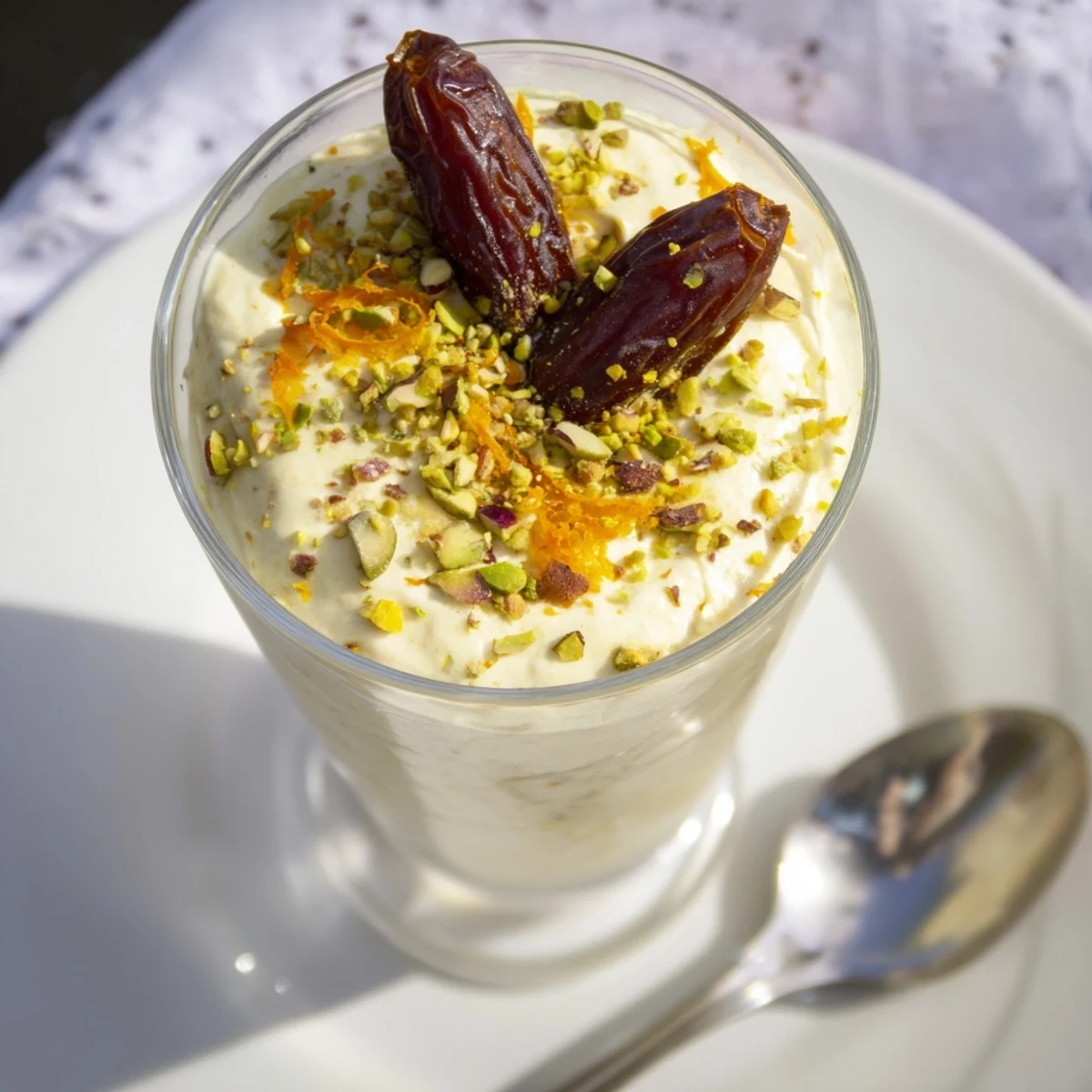 Light and airy mousse featuring sweet dates and orange blossom water served in elegant glass bowls