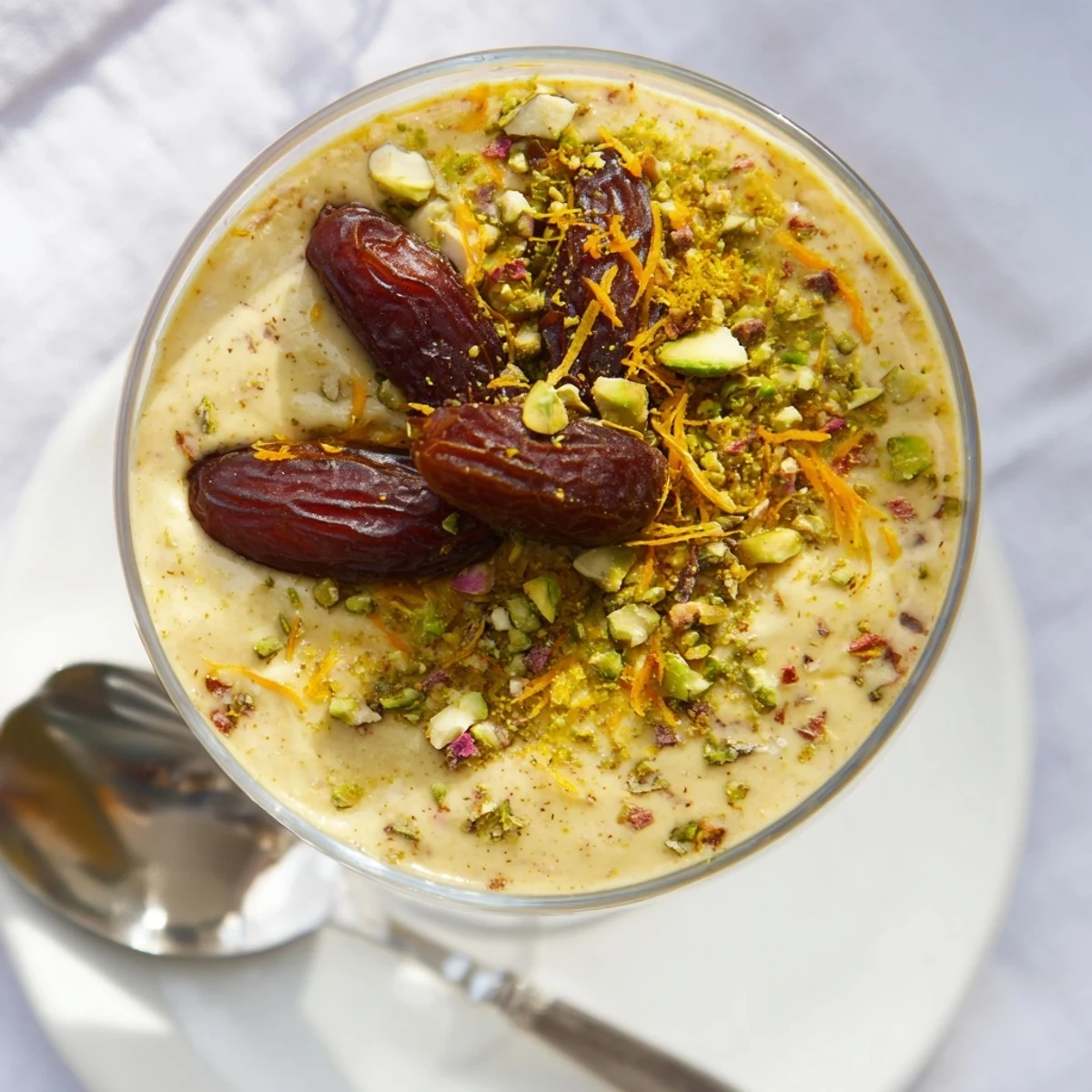 Golden Lebanese date orange blossom mousse garnished with green pistachios and citrus shavings on white plate