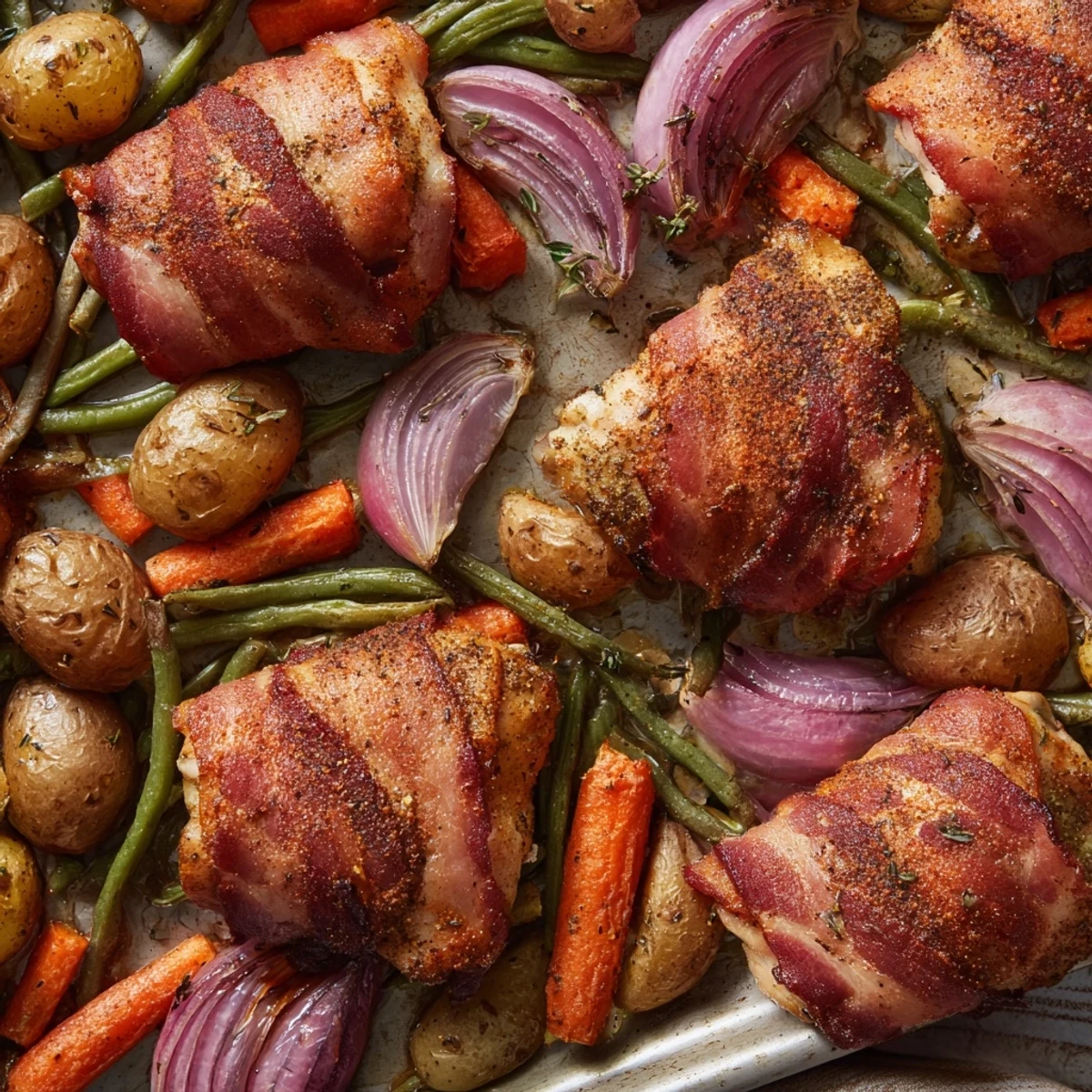 Golden bacon wrapped chicken thighs roasted with colorful vegetables on a large baking tray