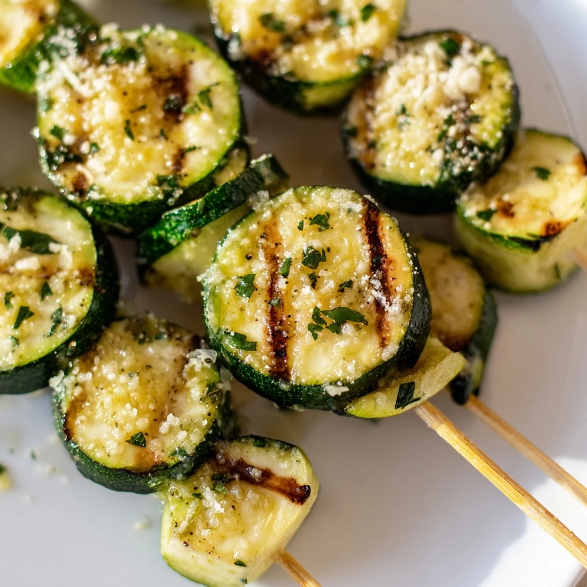 Golden grilled zucchini rounds threaded on skewers, brushed generously with melted garlic butter and fresh parsley.