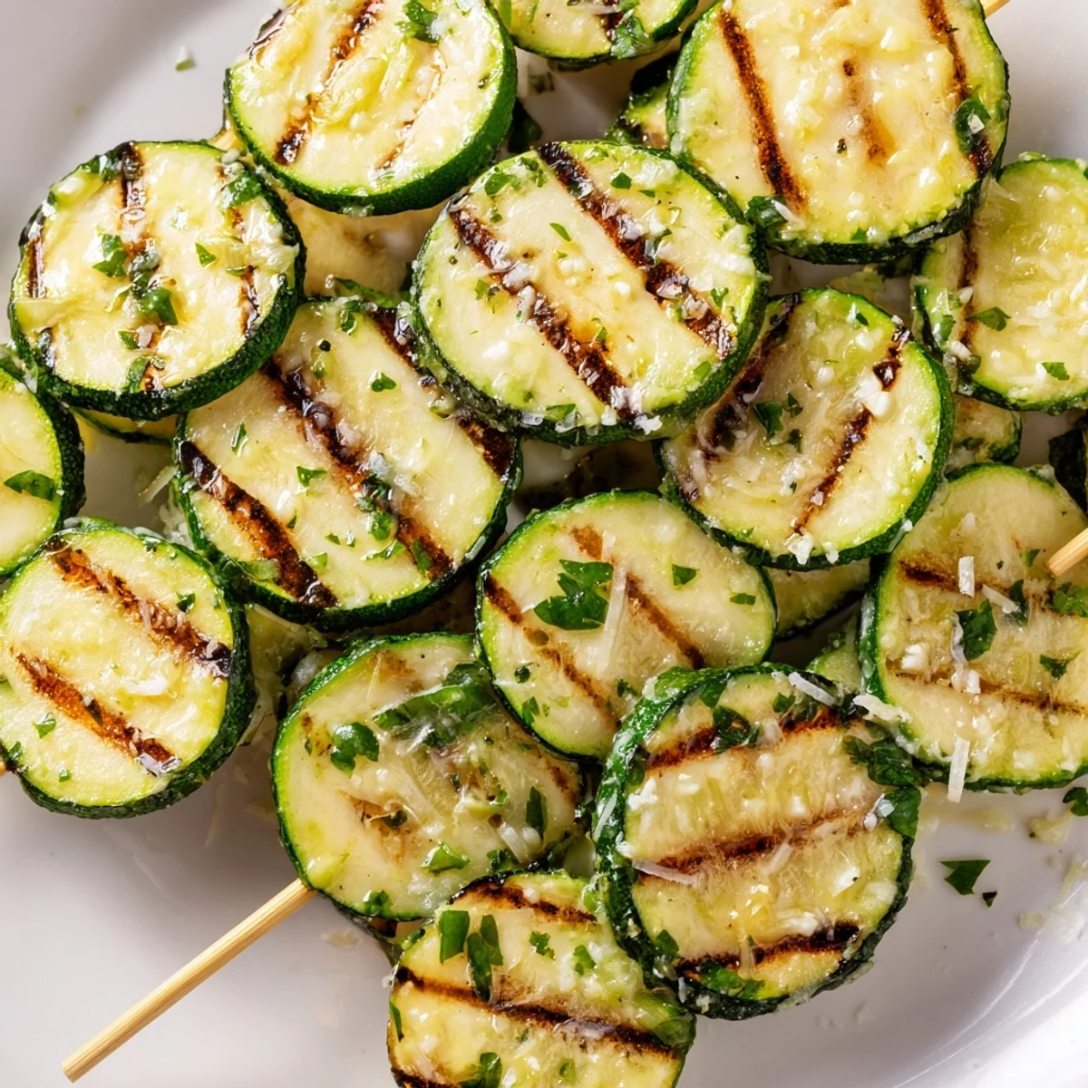 Tender Easy Garlic Butter Zucchini Skewers sizzling on the grill with charred edges and glistening herb butter.