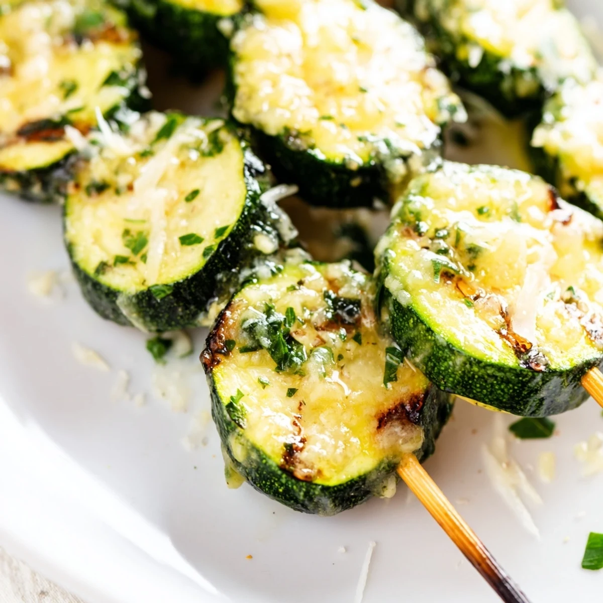 Crisp zucchini pieces stacked on metal skewers, coated in rich garlic butter sauce and ready for grilling.