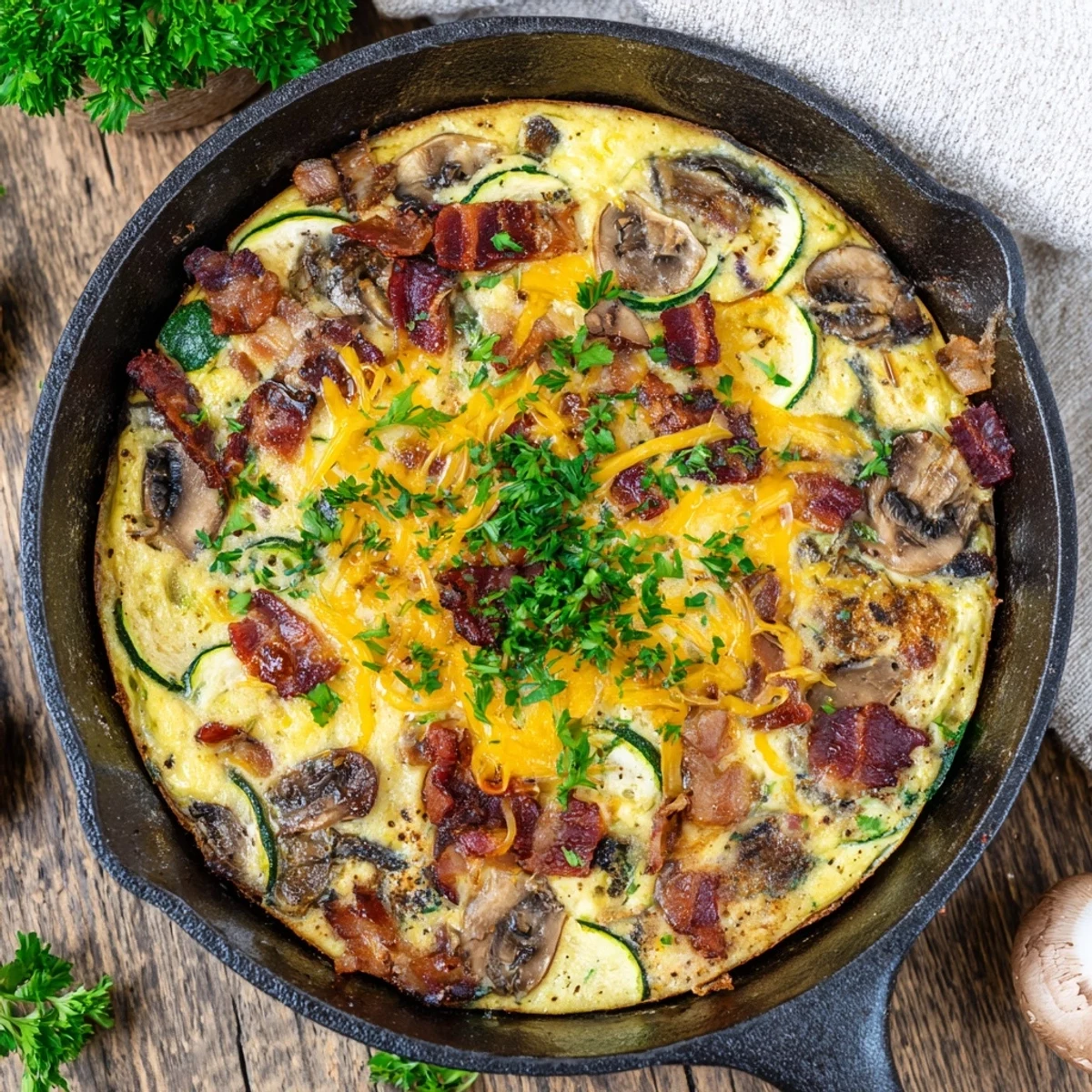 Savory baked frittata packed with smoky bacon crisp zucchini slices and tender cremini mushrooms