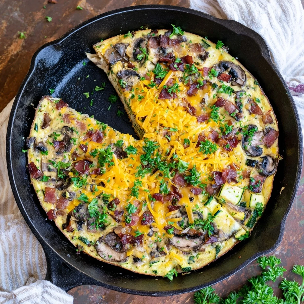 Family style frittata featuring eggs bacon and vegetables ready to slice for a hearty brunch