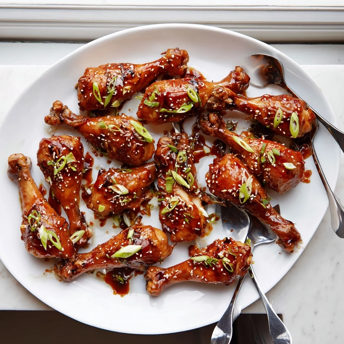 Golden slow cooker Asian glazed chicken drumsticks coated in glossy soy-hoisin sauce and garnished with sesame seeds and green onions
